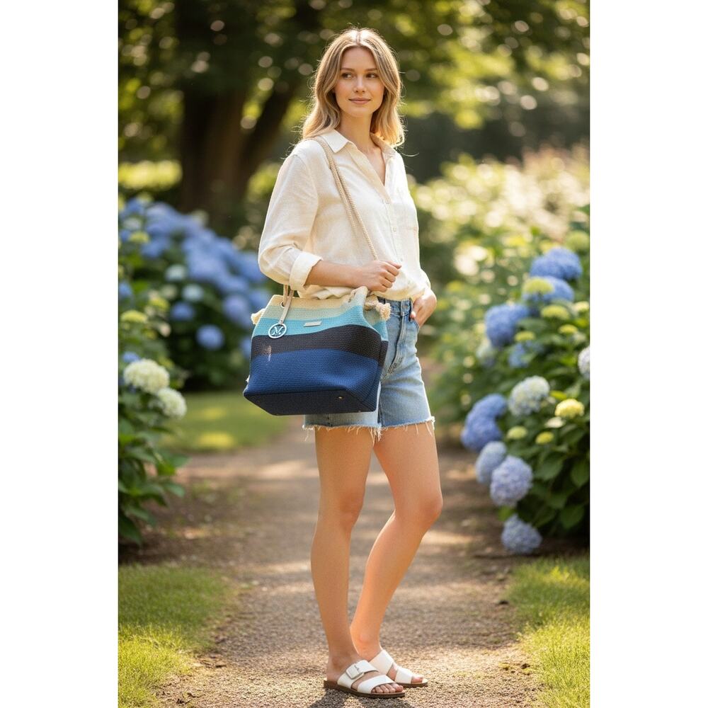 NEW Amiani Beach Tote Bag Striped Blue Gradient Jute Rope Handles Summer Purse - Picture 3 of 16
